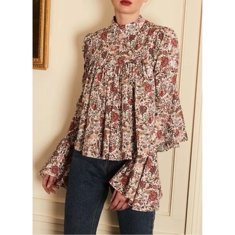 Caroline Constas Floral High-Neck Peasant Blouse in Cream, Burgundy and Olive